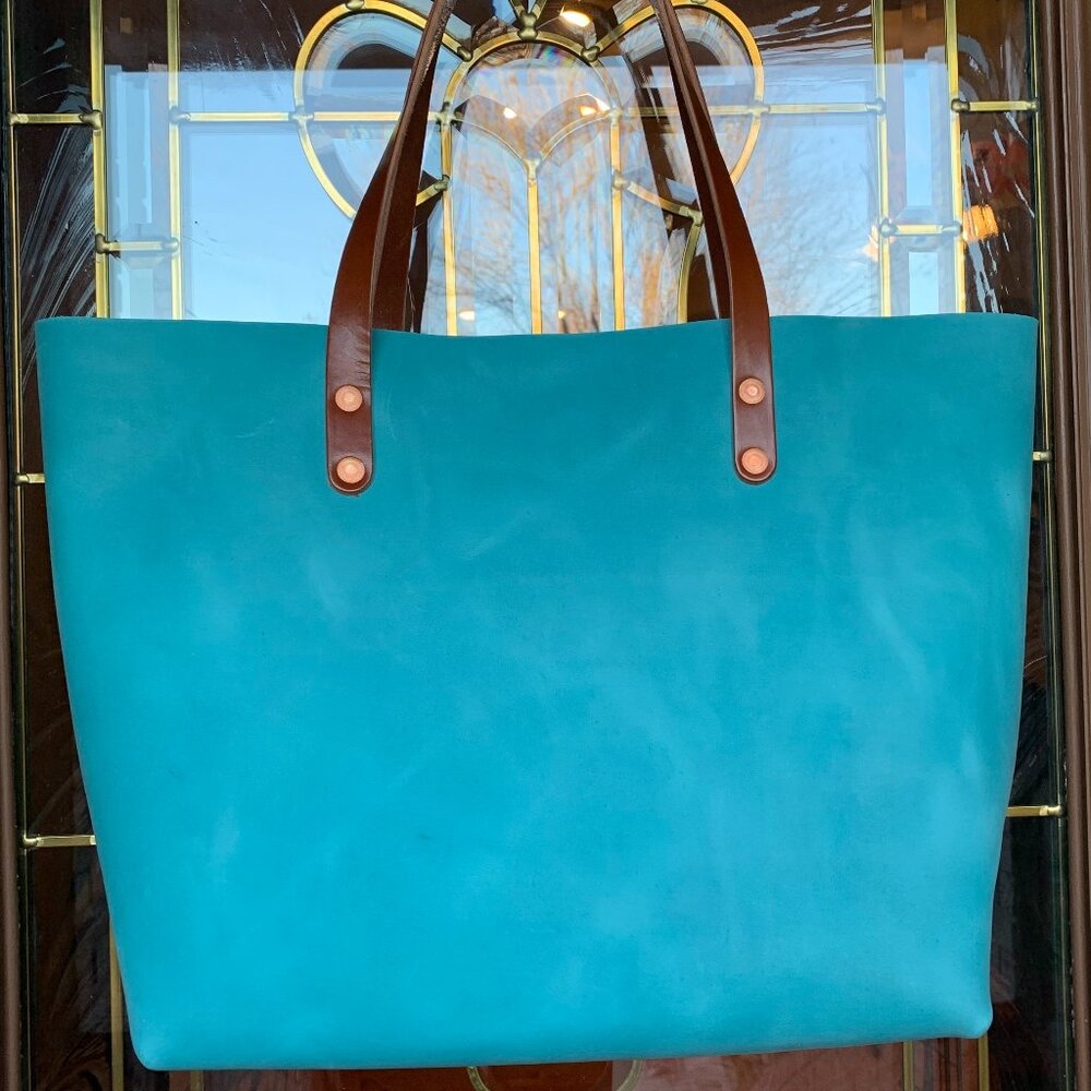 Turquoise Leather Tote with Brown Leather Handles by KMM & Co - Picture 4 of 14